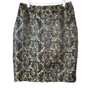 Worthington Womens Pencil Skirt Sz 6 Lined Black Gold Paisley Jacquard Damask